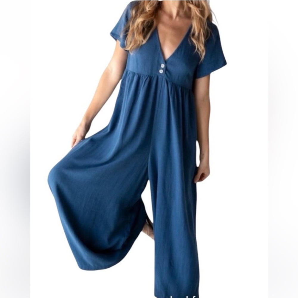 Natural Life Avery‎ Linen Rayon Wide Leg Jumpsuit Indigo Blue Sz XL
